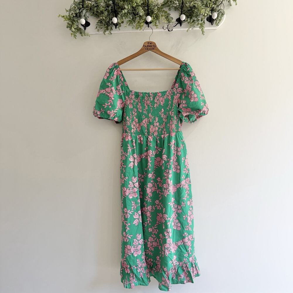 J. Crew Green Pink Floral Tiered Smocked Midi Dress Large rr6062